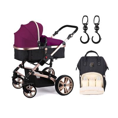 Teknum 3 in 1 Pram stroller - Wine + Sunveno Diaper Bag Black + Hooks